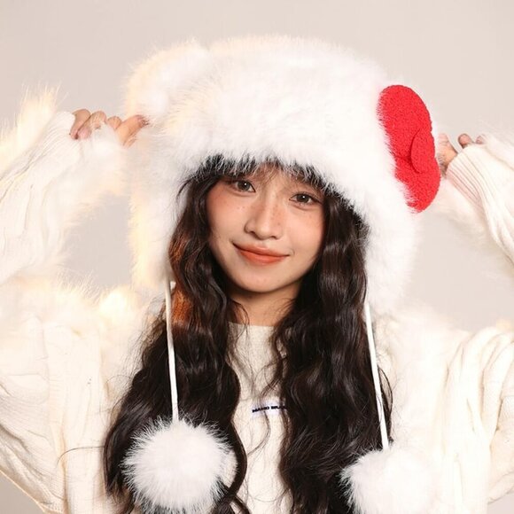 Women\'s White Cartoon Animal Cute Faux Fur Trapper Ear Sherpa Beanie Hat main image 5